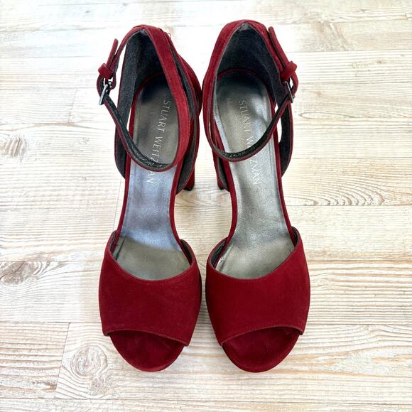 Stuart Weitzman Hijinx Platform Suede Peep Toe Heels | Deep Red Size 9 - Picture 5 of 11